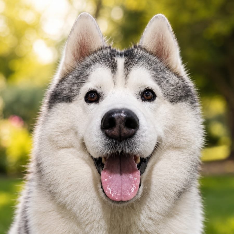 Un husky siberiano blanco y gris, de frente, con la lengua afuera